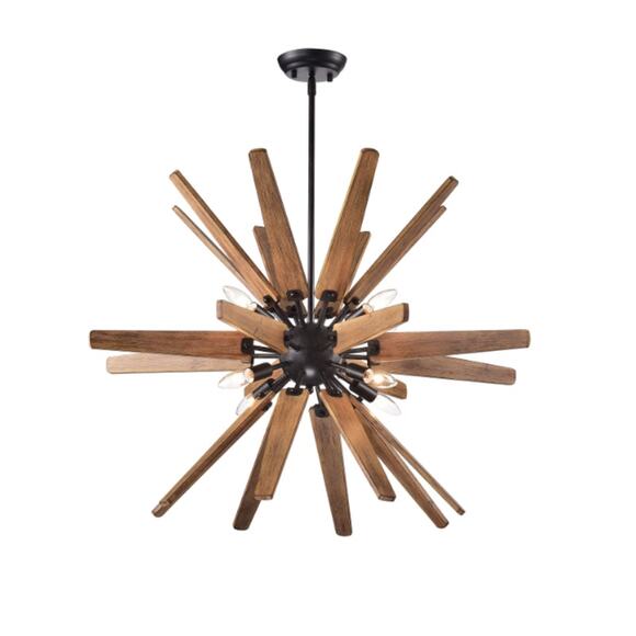 JOJOSPRING Bernice 8-Light Antique Blk Iron Base Sputnik Natural Wood Chandelier - Picture 1 of 13